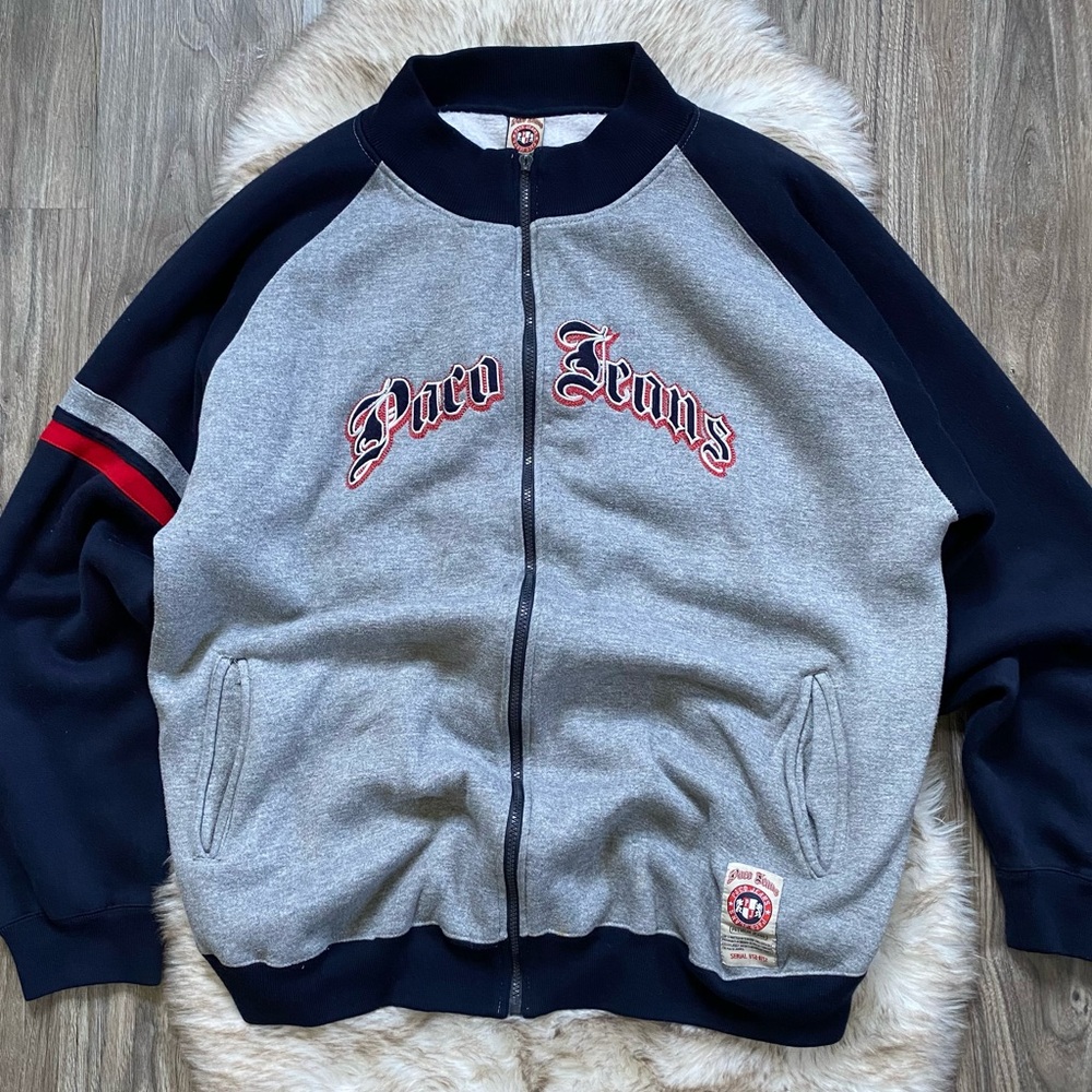 Vintage 90s Y2K Paco Jeans gray red and blue fleece track jacket